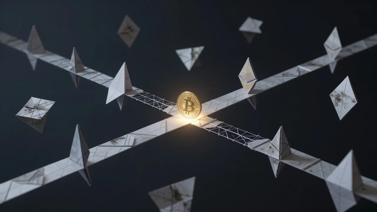 Floating paper blockchains connected by fragile origami bridges, one active, others abandoned