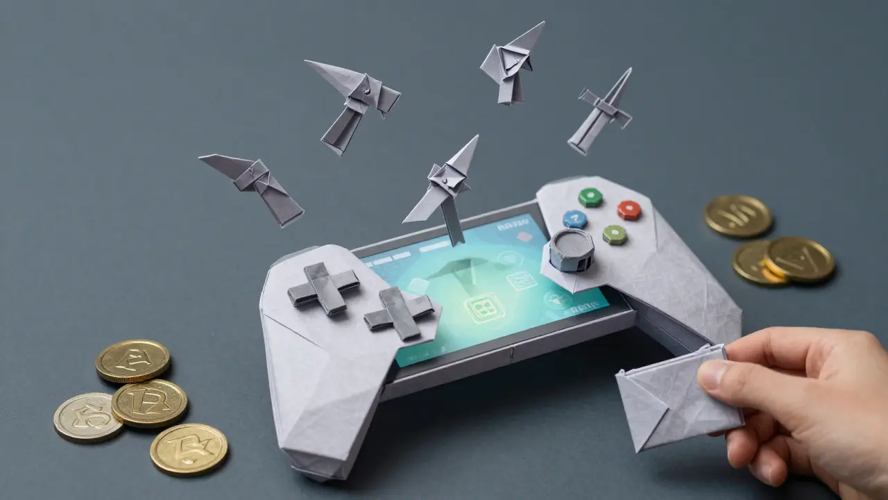 Folded paper game controller with floating NFT items and RMV revenue patterns on a glowing screen.