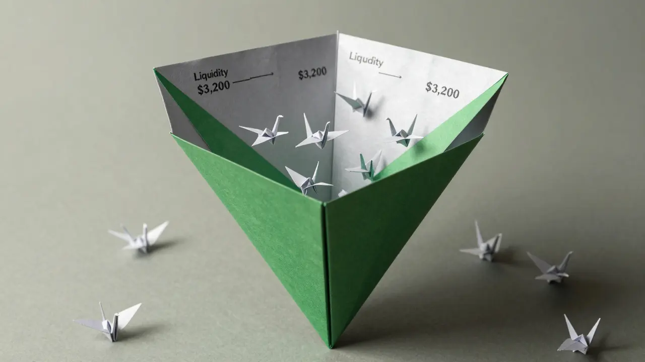 Folded paper liquidity funnel with dense cranes in narrow price range