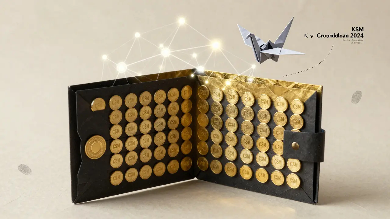 Gold and black origami wallet opening to reveal 9,000 folded CSM tokens.