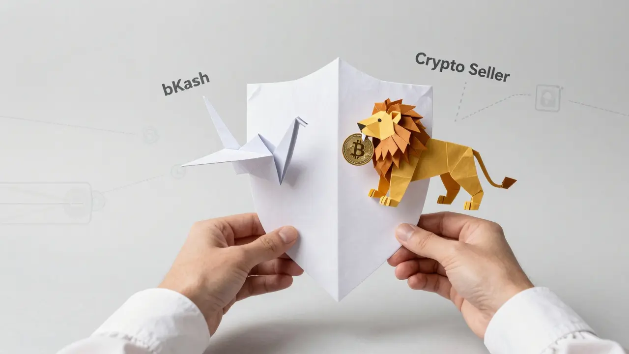 Hands folding an escrow shield as a paper crane moves toward a paper lion holding Bitcoin.
