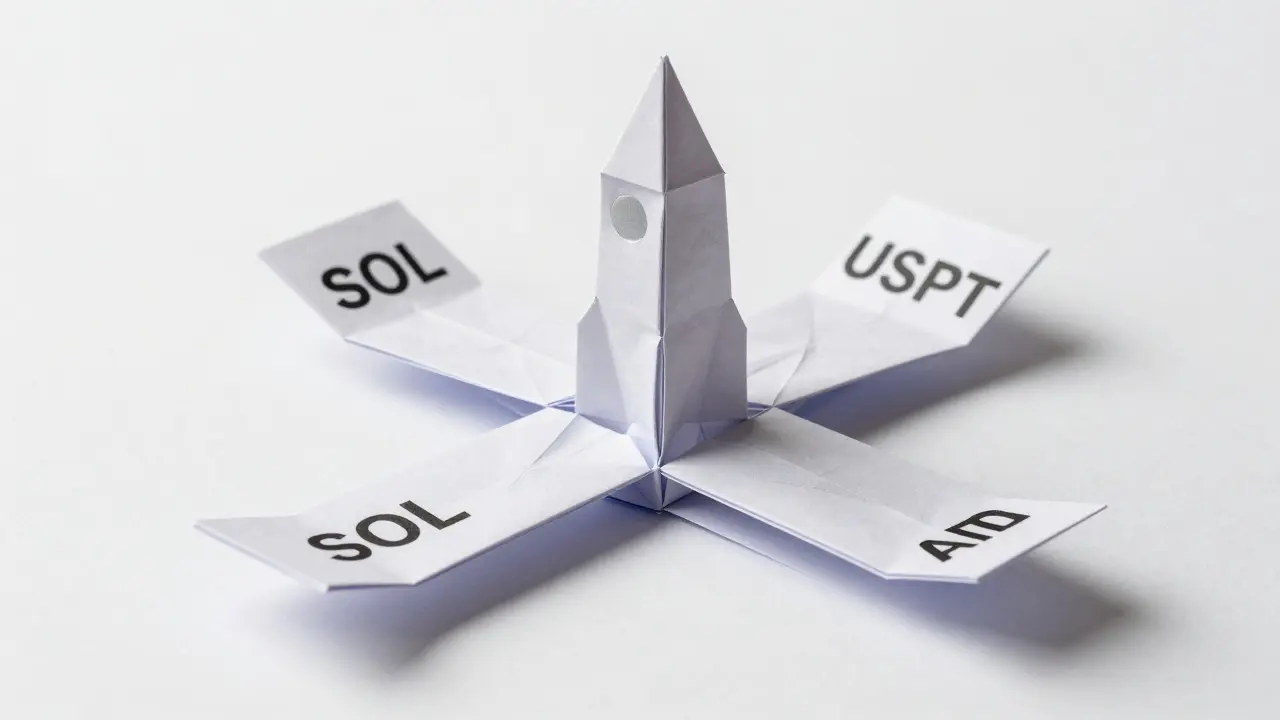 Interlocking paper assets converging into a BTC futures rocket, symbolizing multi-collateral trading