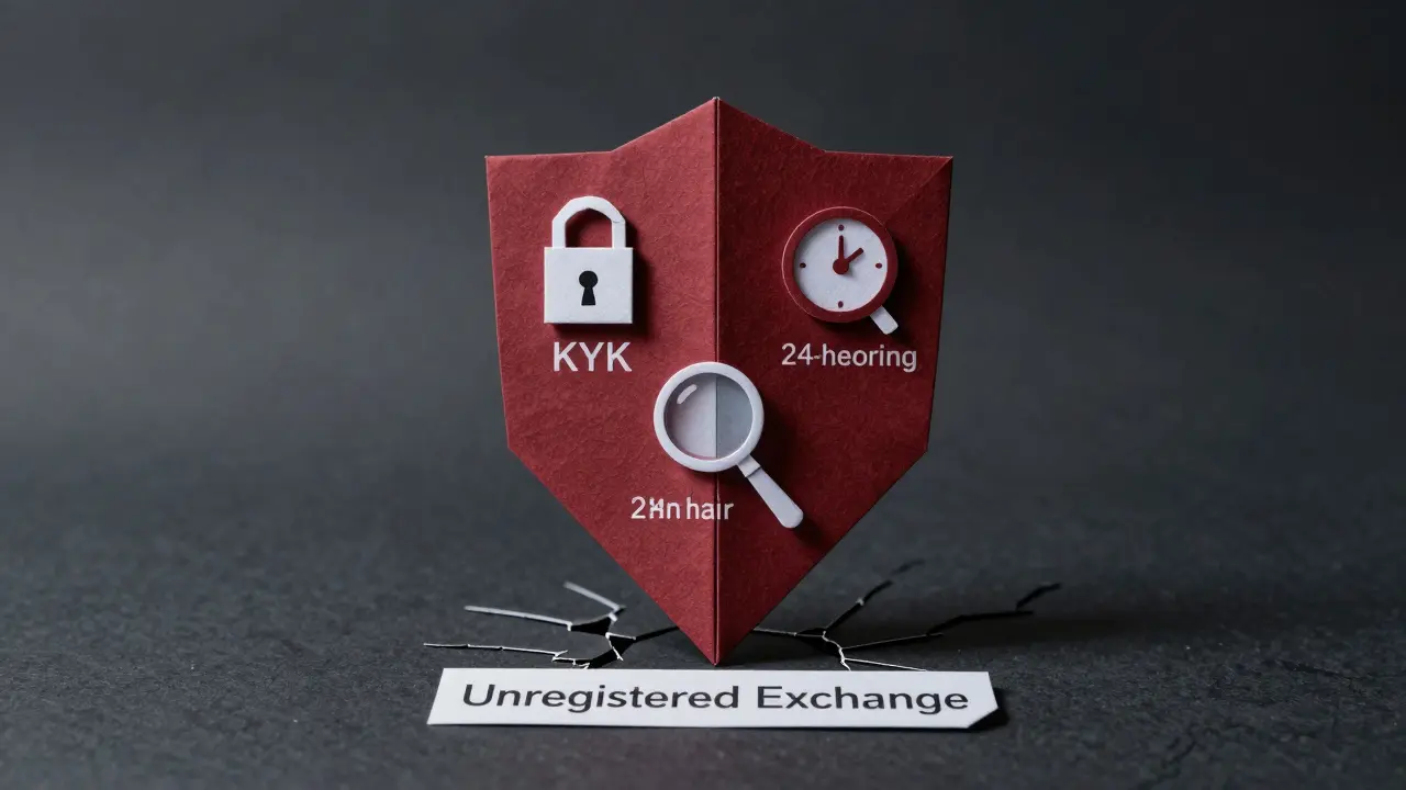 Layered paper shield representing AML compliance symbols above a cracked unregistered exchange base.