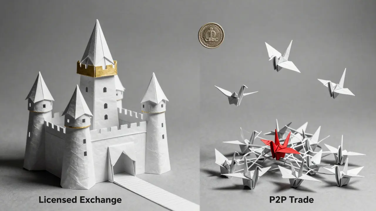 Licensed exchange fortress vs. shadow P2P cranes with CBDC coin above