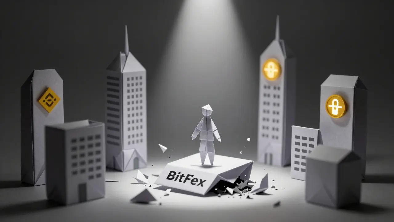 Lone user on collapsing platform surrounded by secure exchanges