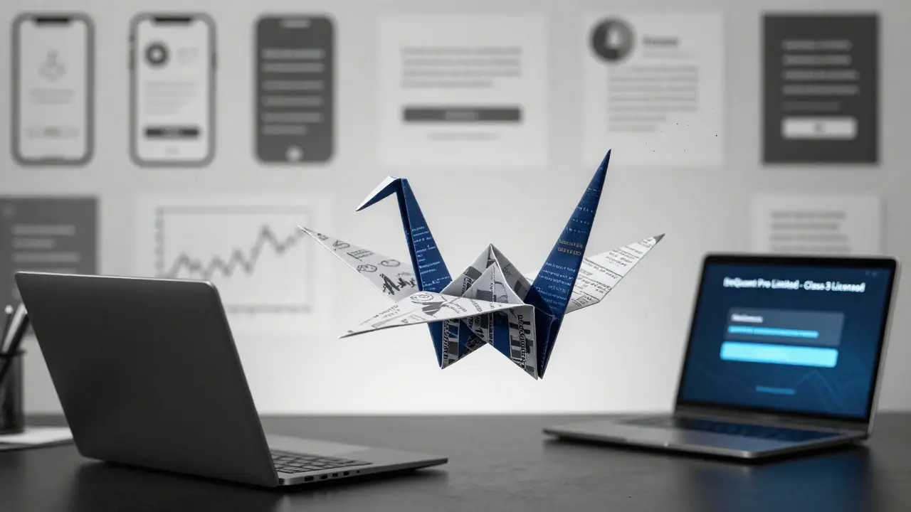 Origami crane made of financial charts hovering over a terminal labeled BeQuant Pro Limited.