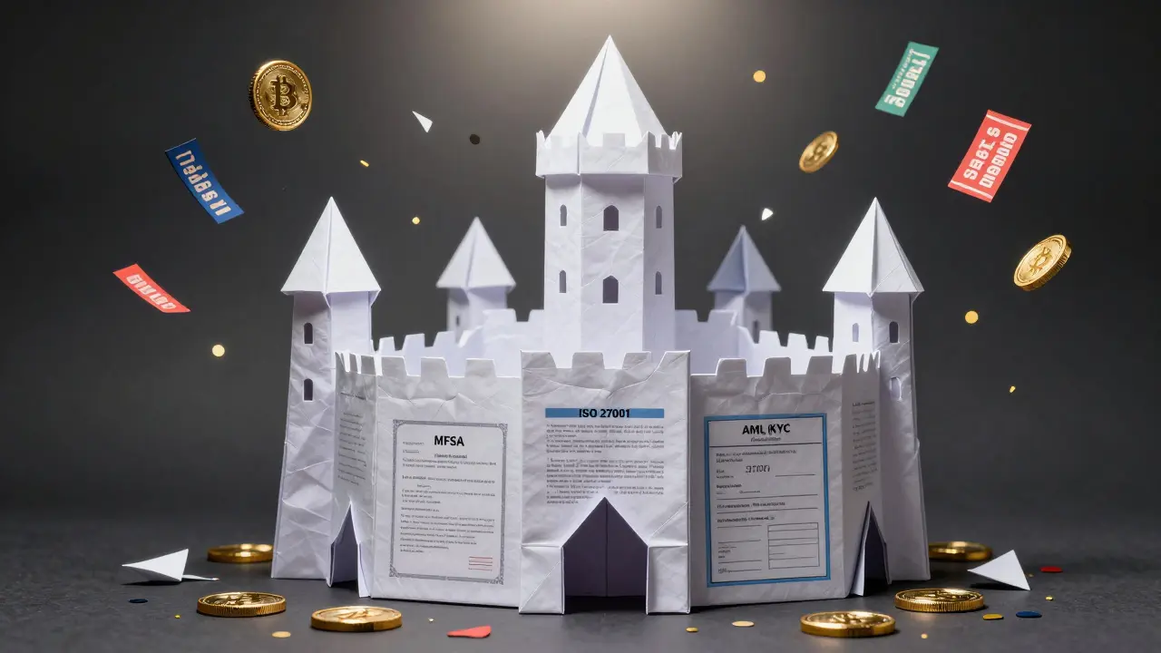 Origami fortress of regulatory documents standing firm against crumbling retail crypto promotions.