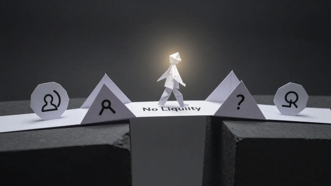 Paper bridge of ZK symbols over a 'No Liquidity' chasm, one figure hesitating to cross.