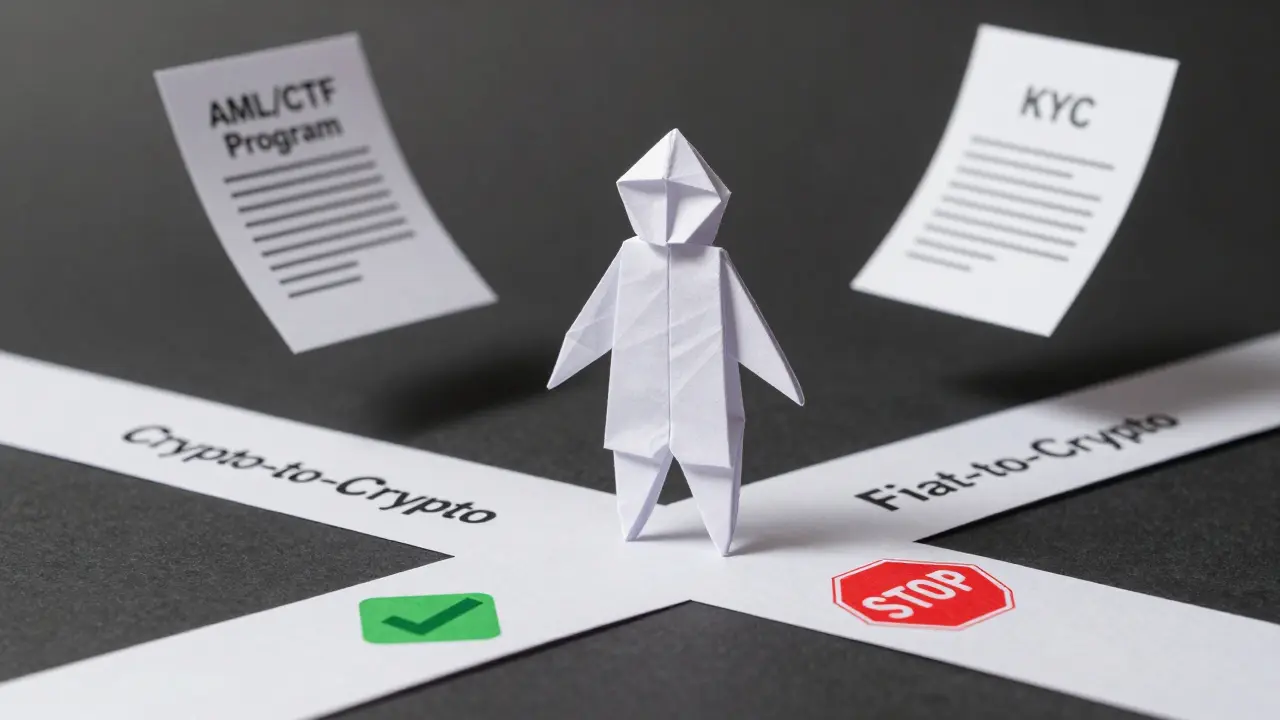 Paper figure at a crossroads between crypto-only and fiat-crypto exchange paths with compliance documents.