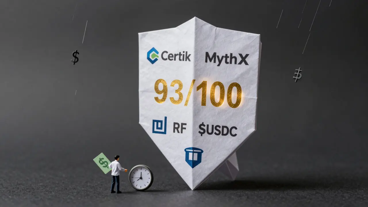 Paper security shield with audit logos glowing against chaotic crypto symbols
