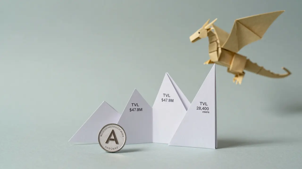 Paper trading chart rising from a flat surface, with small ARBSWAP token nearby, overshadowed by Uniswap's larger form.