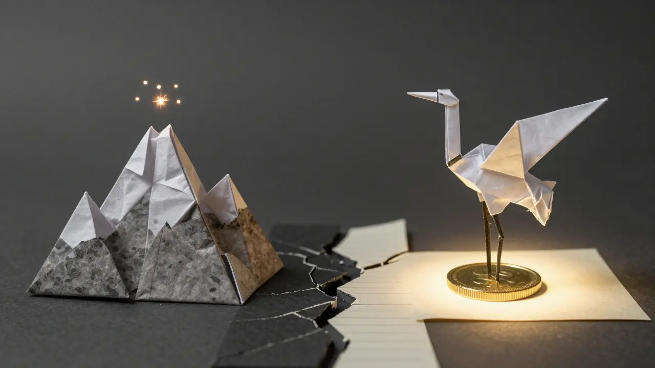 Proof of Work as a bulky paper mountain versus Proof of Stake as a sleek crane on a staked coin.