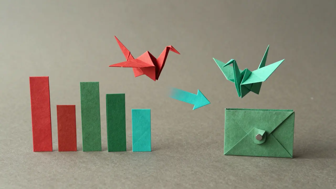 Red and green origami cranes showing crypto exchange flows