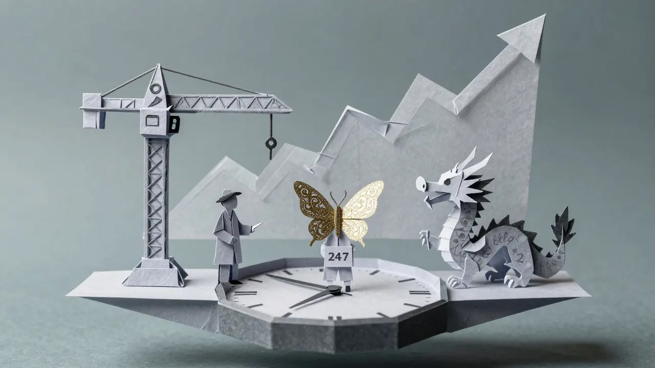 Three origami figures—a crane, butterfly, and dragon—on a clock-shaped platform beneath a fractured market graph.