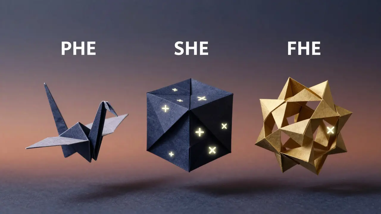 Three origami structures representing PHE, SHE, and FHE, growing in complexity with glowing math operations.