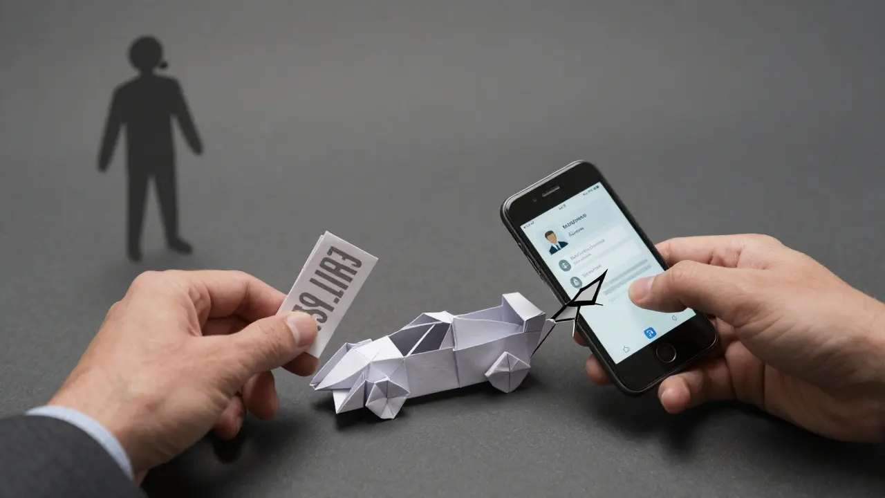Trader folding a paper wallet into a racing car while a support ticket looms in shadow