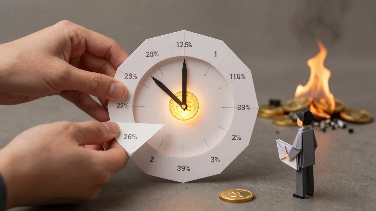 Vesting clock made of paper rings unfolding to reveal DES tokens