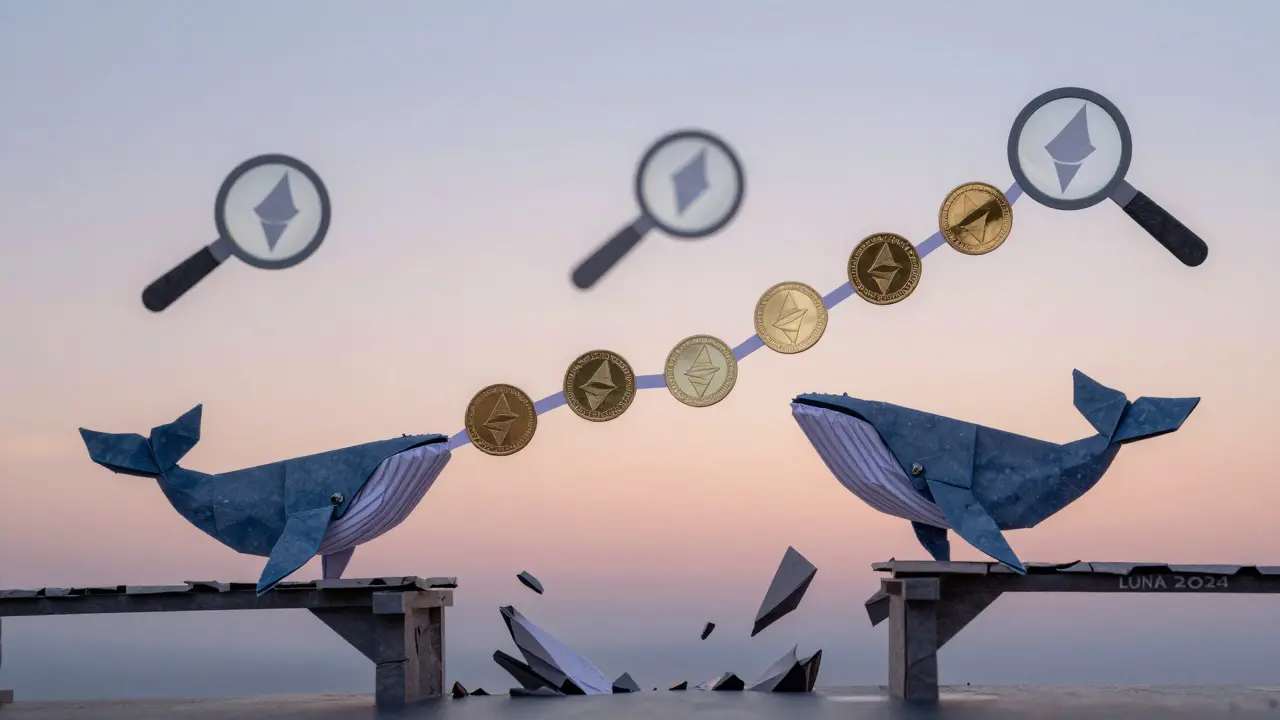 A chain of 10,000 ETH coins leading to a collapsing bridge, with paper magnifying glasses analyzing patterns.