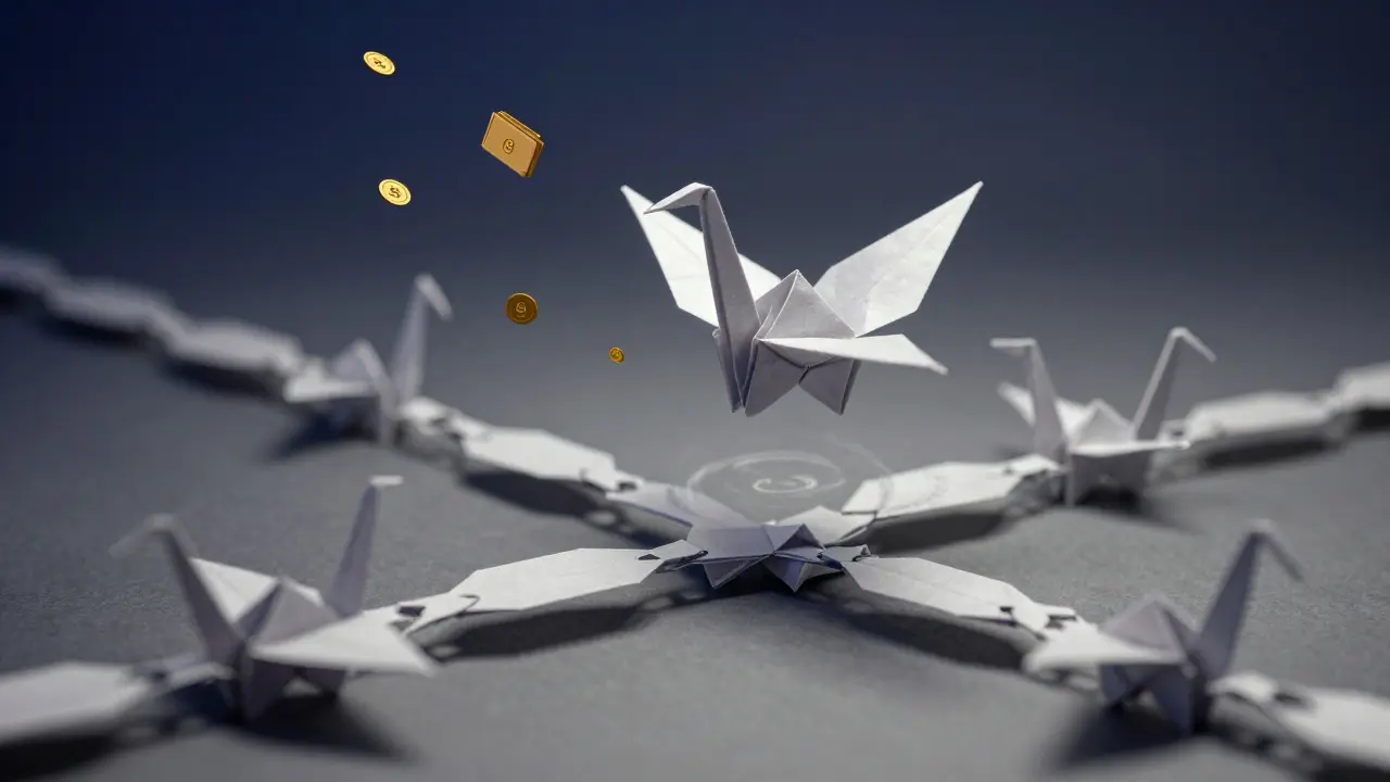 A misfolded paper crane breaks a network of interconnected paper chains in a ripple effect.