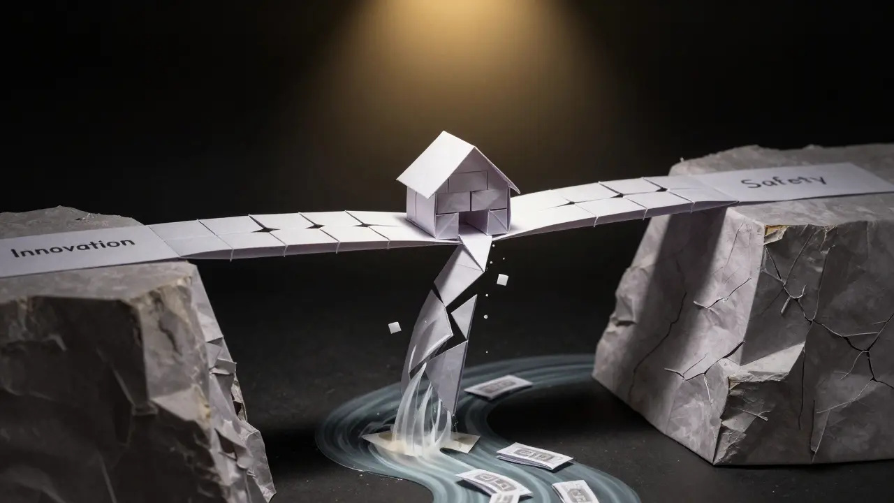 A paper bridge with a cracked support beam collapses under the weight of stacked financial vaults.