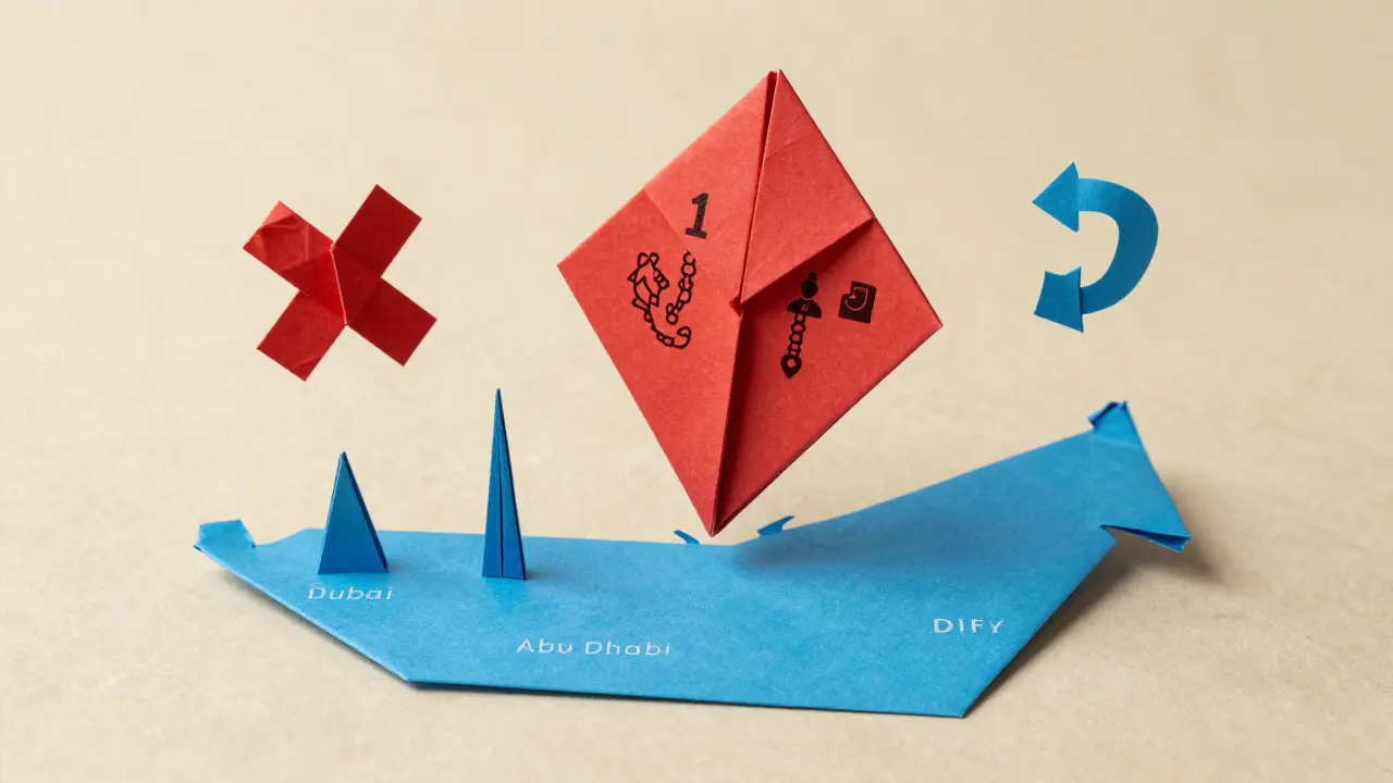 A paper token folding into two categories above a UAE map with warning symbol