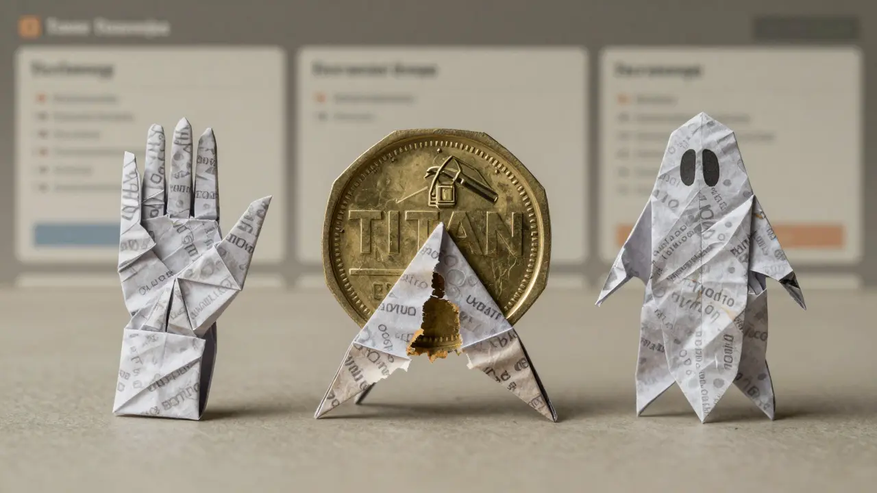 A TITAN coin unraveling into three origami symbols representing gaming, mining, and a ghostly figure.