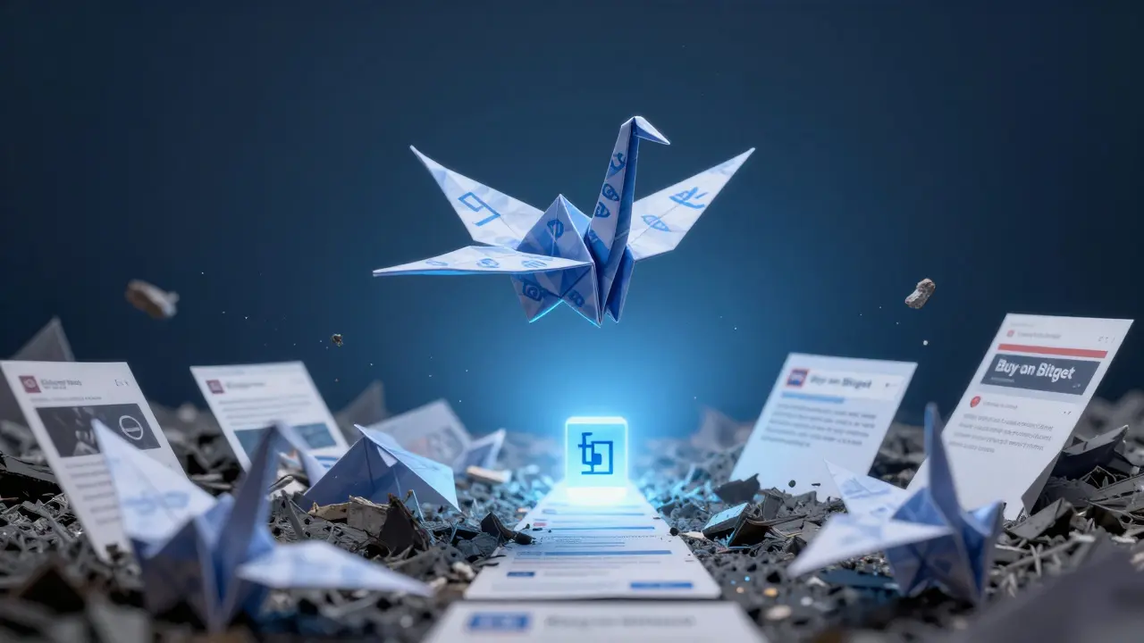 Bitget crane flying above collapsing paper scams, leading to a secure vault.