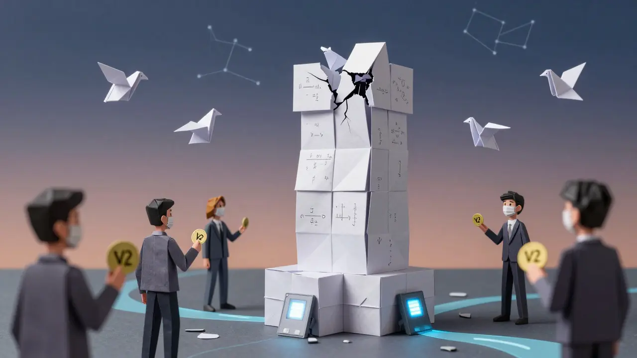 Crumbling Balancer V2 vault transforming into secure V3 tower, with liquidity birds flying toward it.