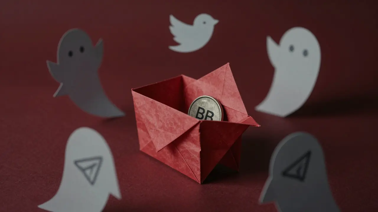 Empty paper wallet with a single BB token, surrounded by fading digital icons in folded paper.