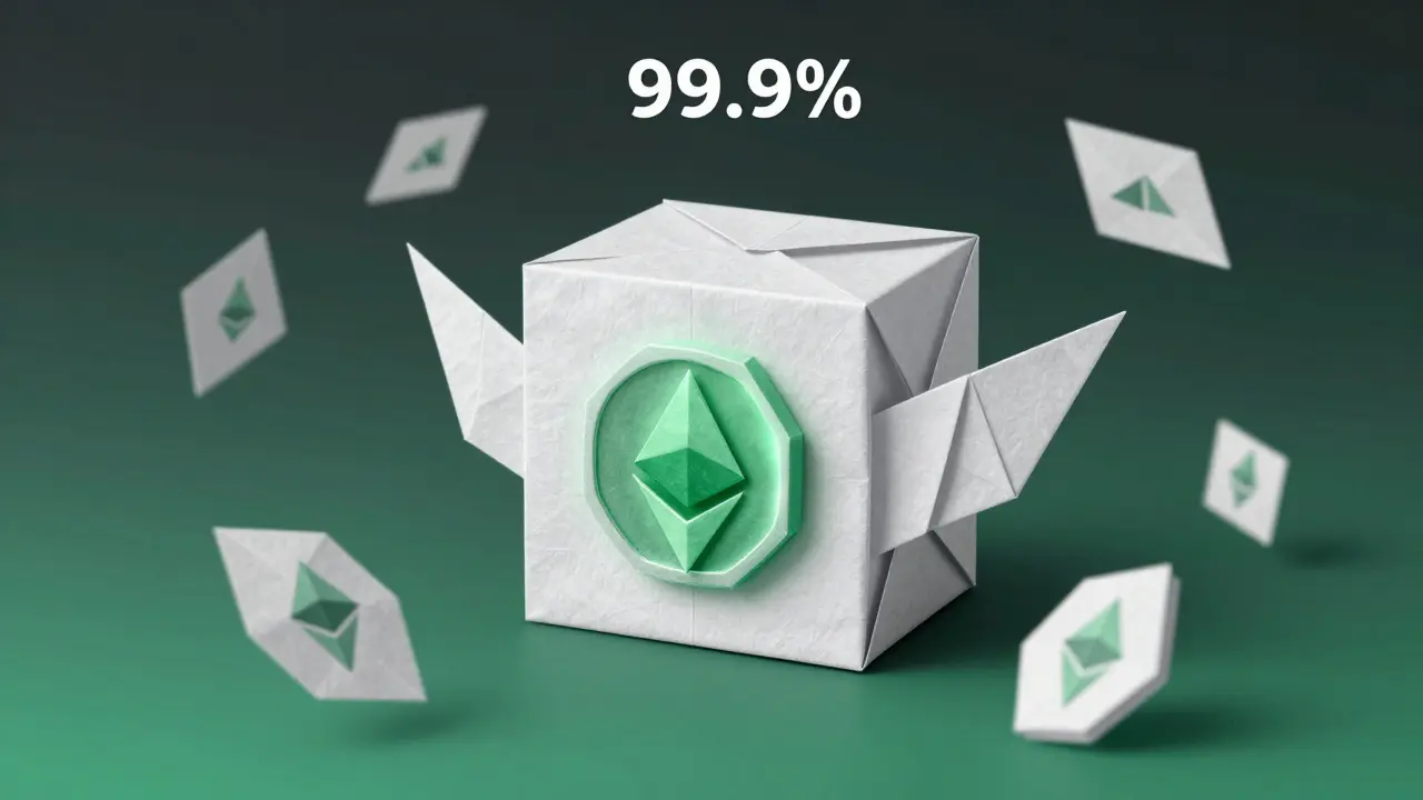 Ethereum cube transforming into green staked coin with paper validators, representing PoS efficiency