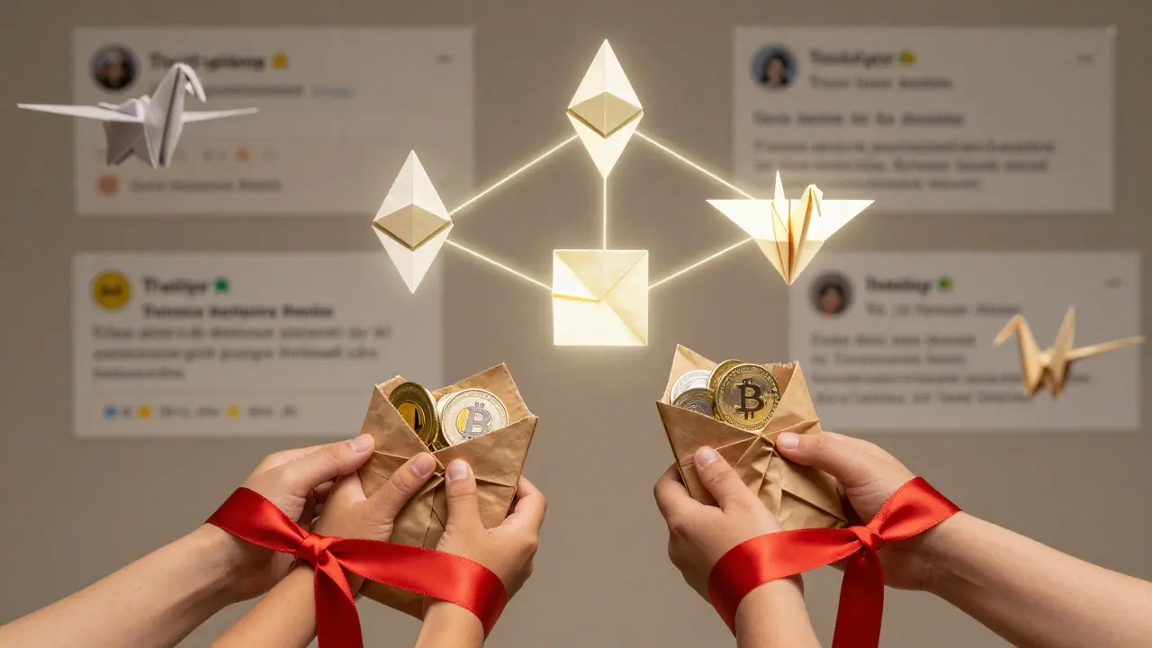 Filipino family bound by red ribbons, reaching for a paper blockchain network.