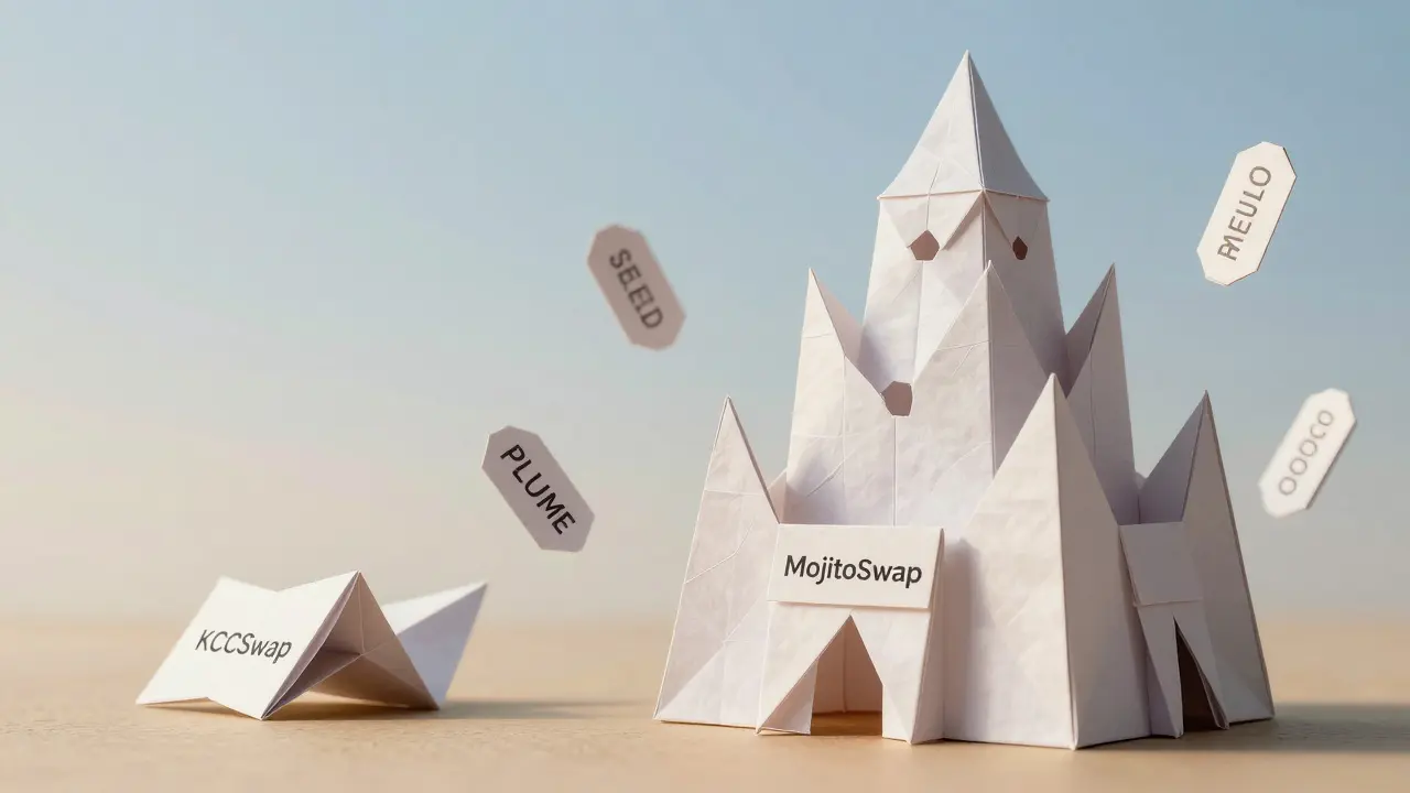 Finished MojitoSwap fortress vs. unfinished KCCSwap structure, with real airdrop tokens floating nearby.