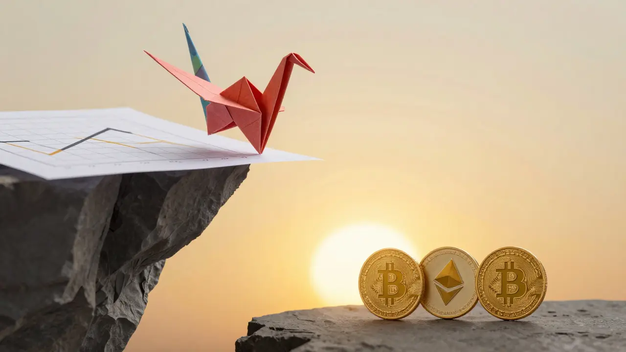 Fragile meme coin crane on a cliff while a disciplined portfolio stands safely below.