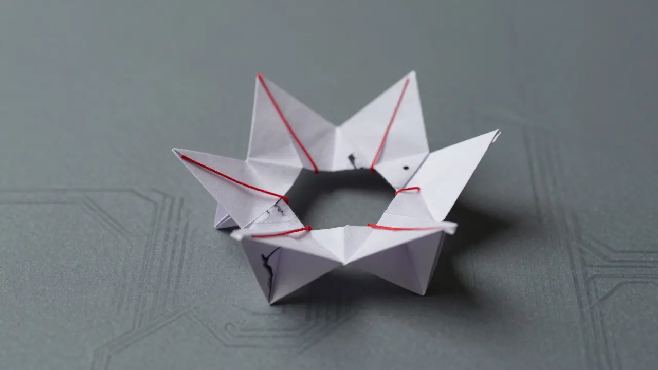 Geometric paper node with interconnected chains, one fraying with ink bleed, symbolizing slashing risk.