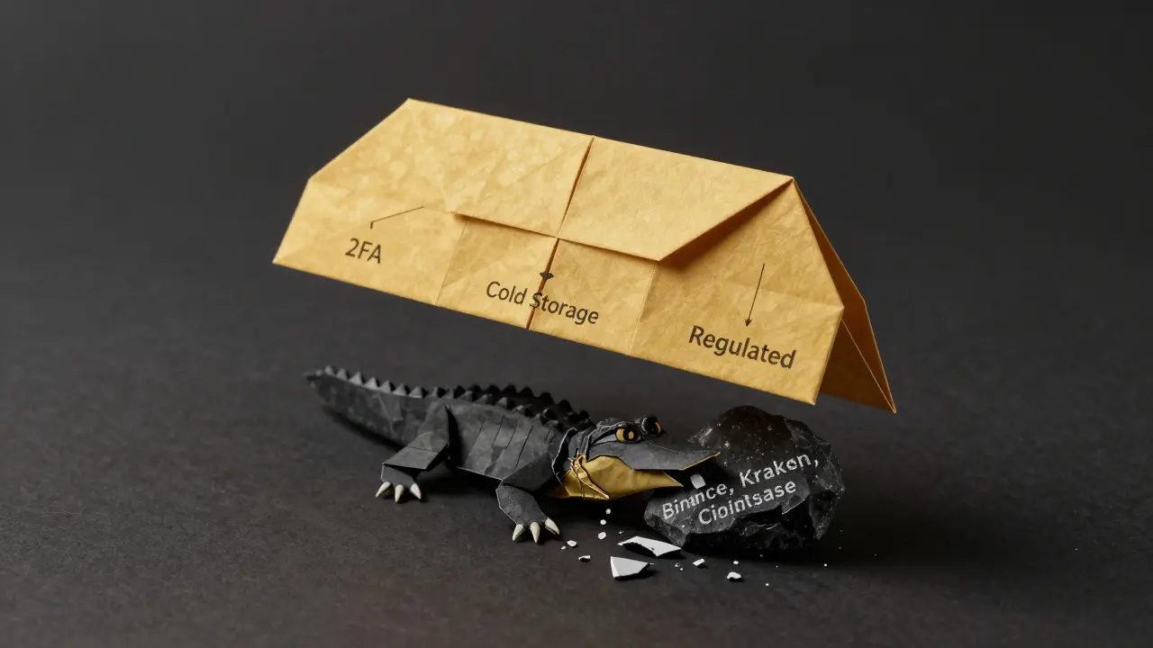 Golden origami exchange with security labels, crushing a black paper alligator underneath.