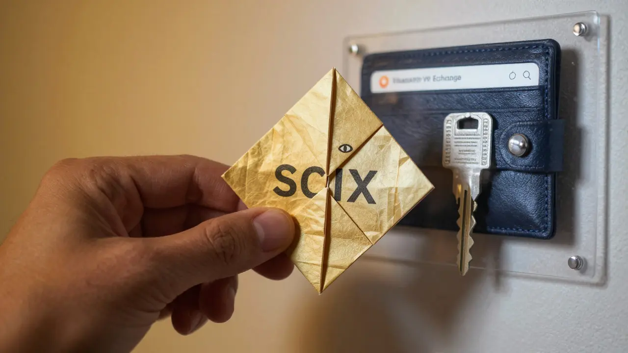 Hand folding a SCIX token with hidden eyes, contrasting scam and safety.