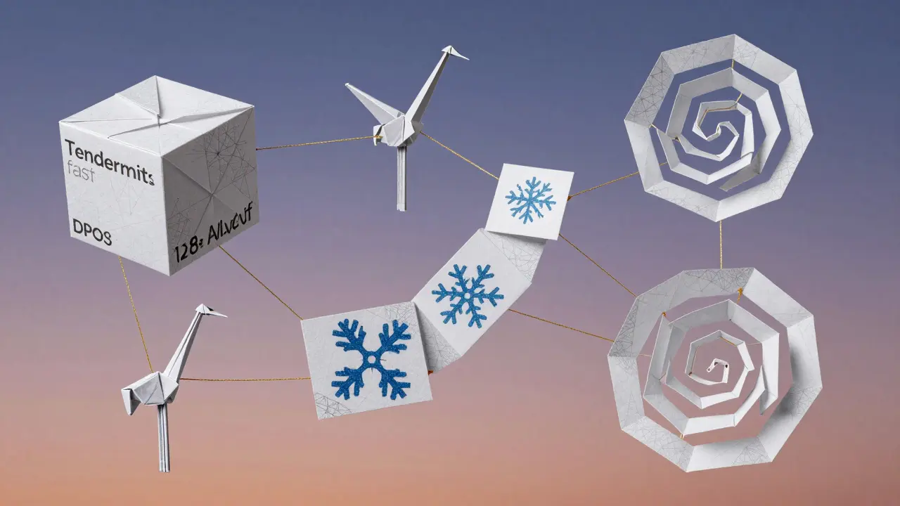 Interconnected origami consensus models floating together, symbolizing hybrid blockchain evolution