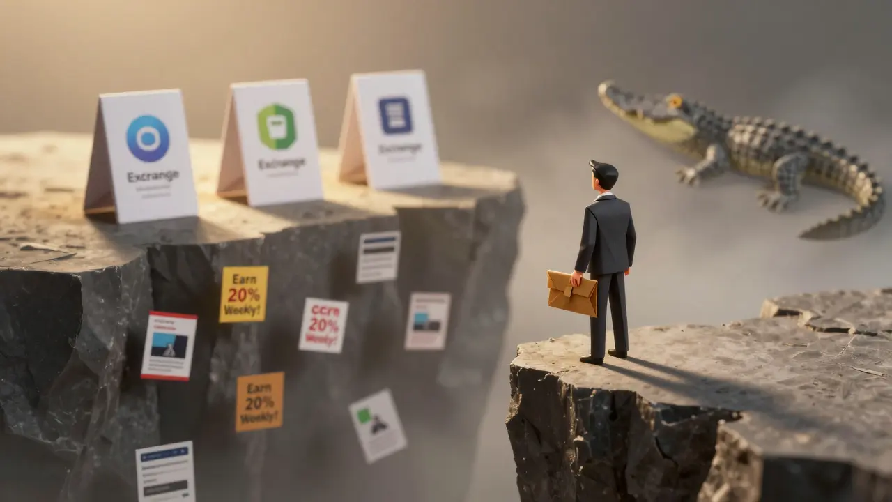 Investor hesitating at cliff's edge, origami exchanges safe in distance, scam ads below.