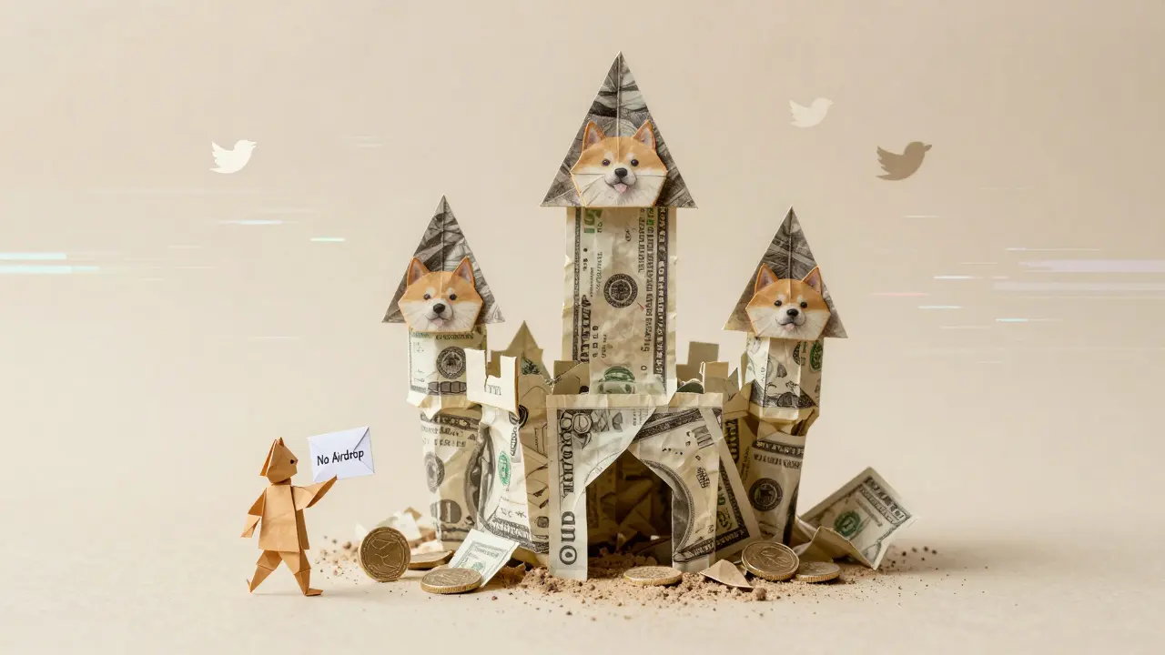 Meme coin castle collapsing as figure walks away from fake airdrop letter