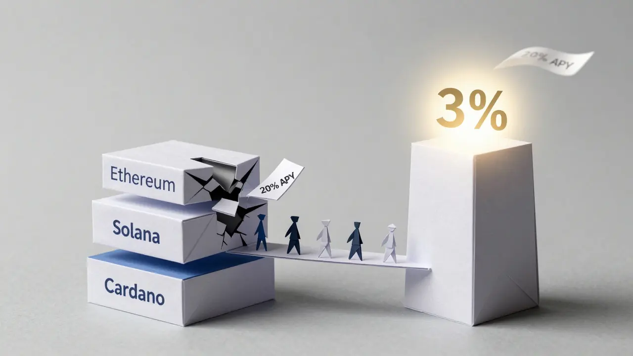 Origami blockchain tower with collapsing high-APY layer and stable low-APY tower.