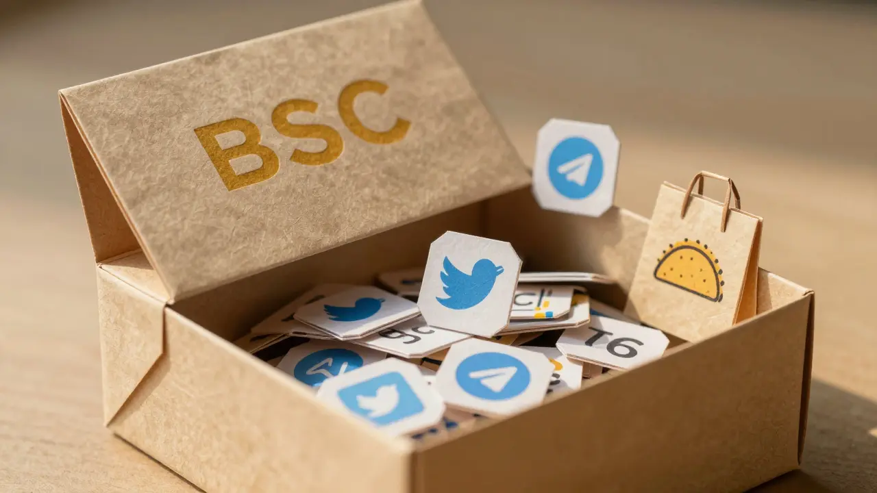 Origami BSC wallet spilling paper TCT tokens, surrounded by Twitter, Telegram, and shopping icons.