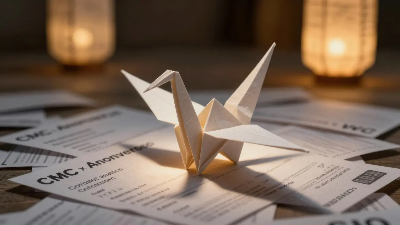 Origami crane flying over discarded scam flyers, real contract glowing in distance