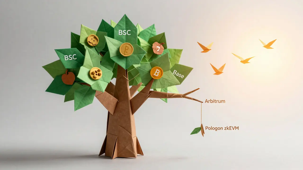 Origami DEX tree with healthy branches and one snapped branch labeled Polygon zkEVM.