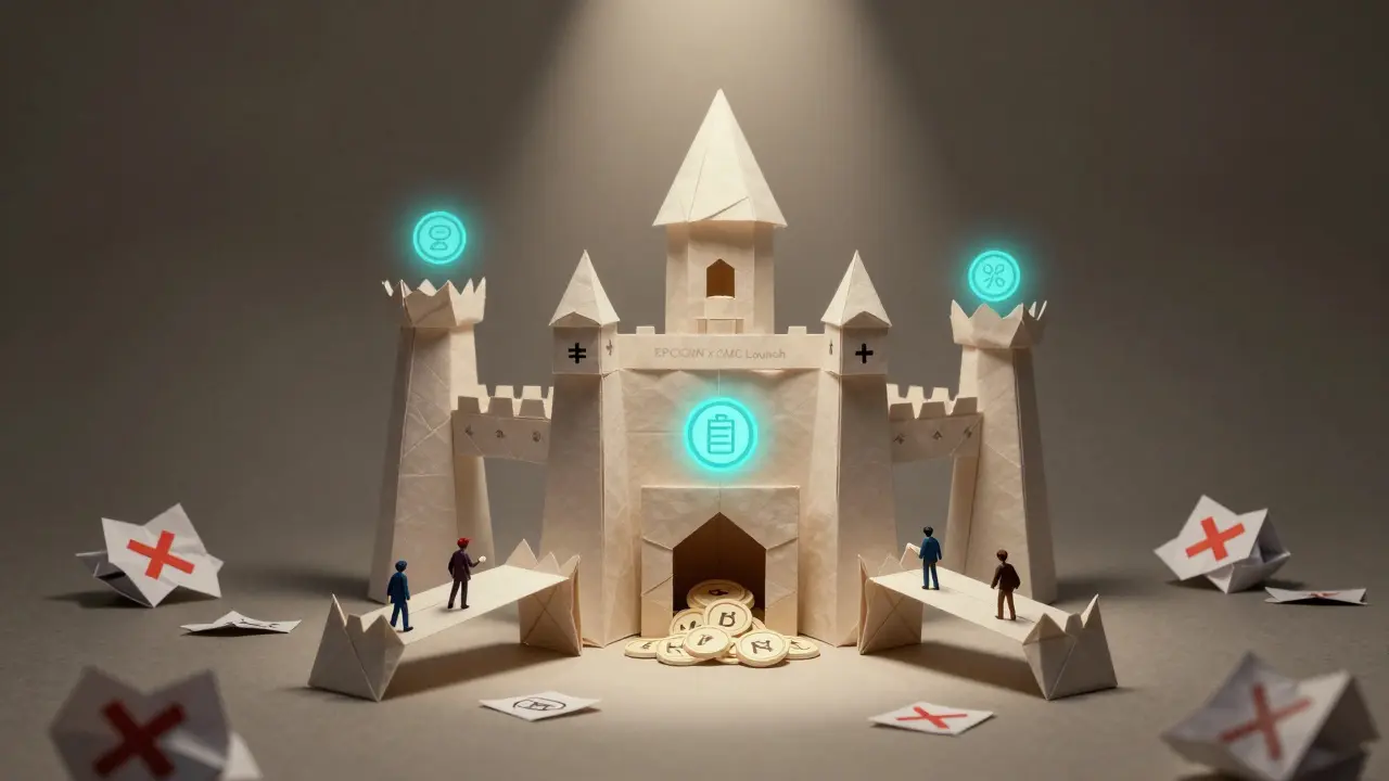 Origami fortress of EPCOIN campaign elements with climbers placing tokens into a vault.