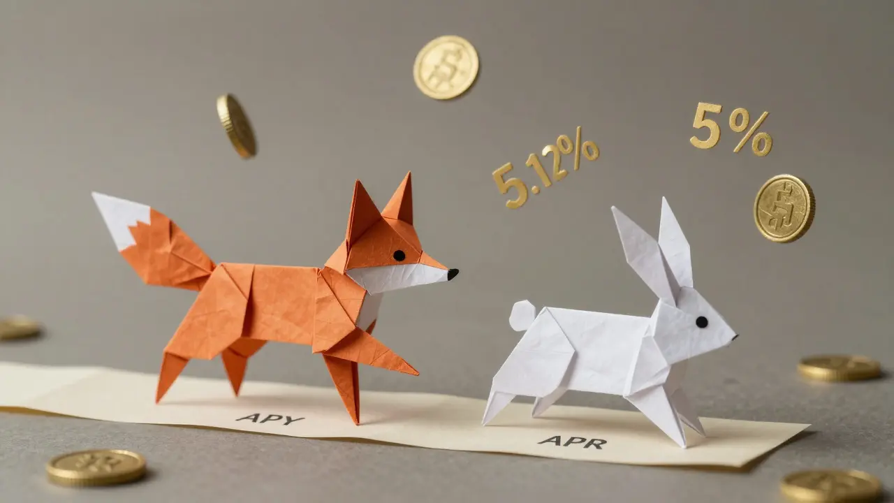 Origami fox and rabbit racing, representing APY and APR with layered folds.