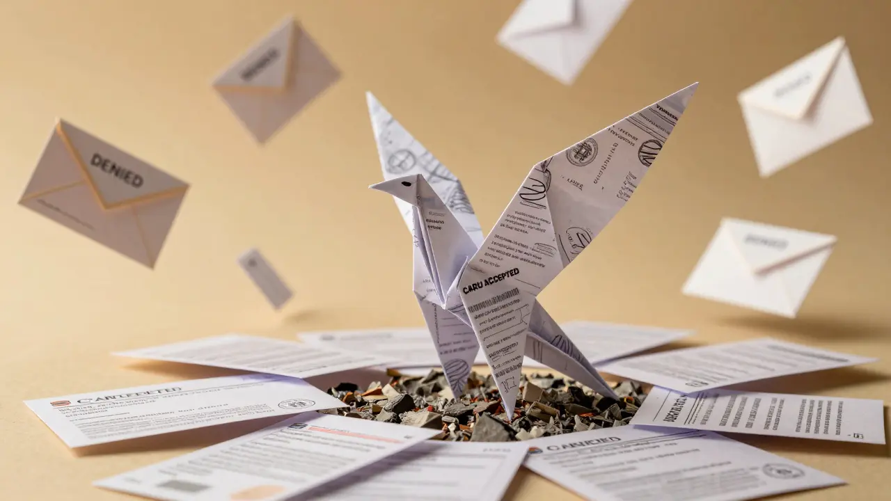 Origami phoenix rising from shredded license applications and transaction hashes.