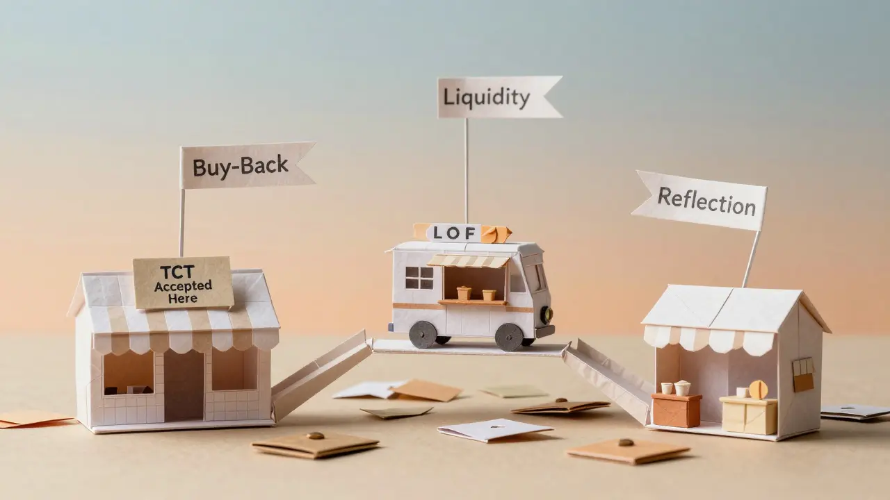 Origami storefronts connected by paper ribbons symbolizing TCT's economic mechanisms under a dawn sky.