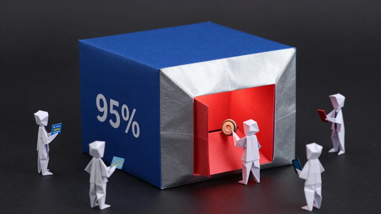 Origami vault with 95% closed blue paper and 5% glowing red paper, surrounded by users with IDs.