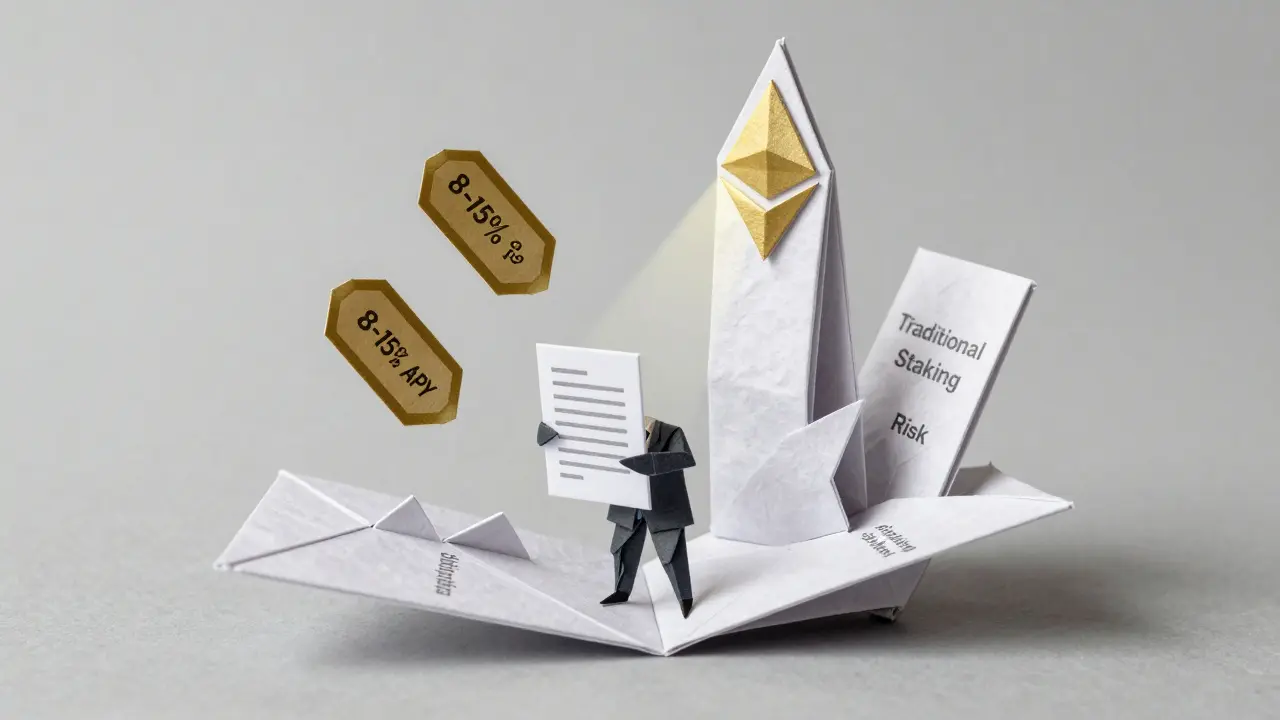 Origami wallet opening to reveal reward tokens and risk symbols, with Ethereum beacon in background.