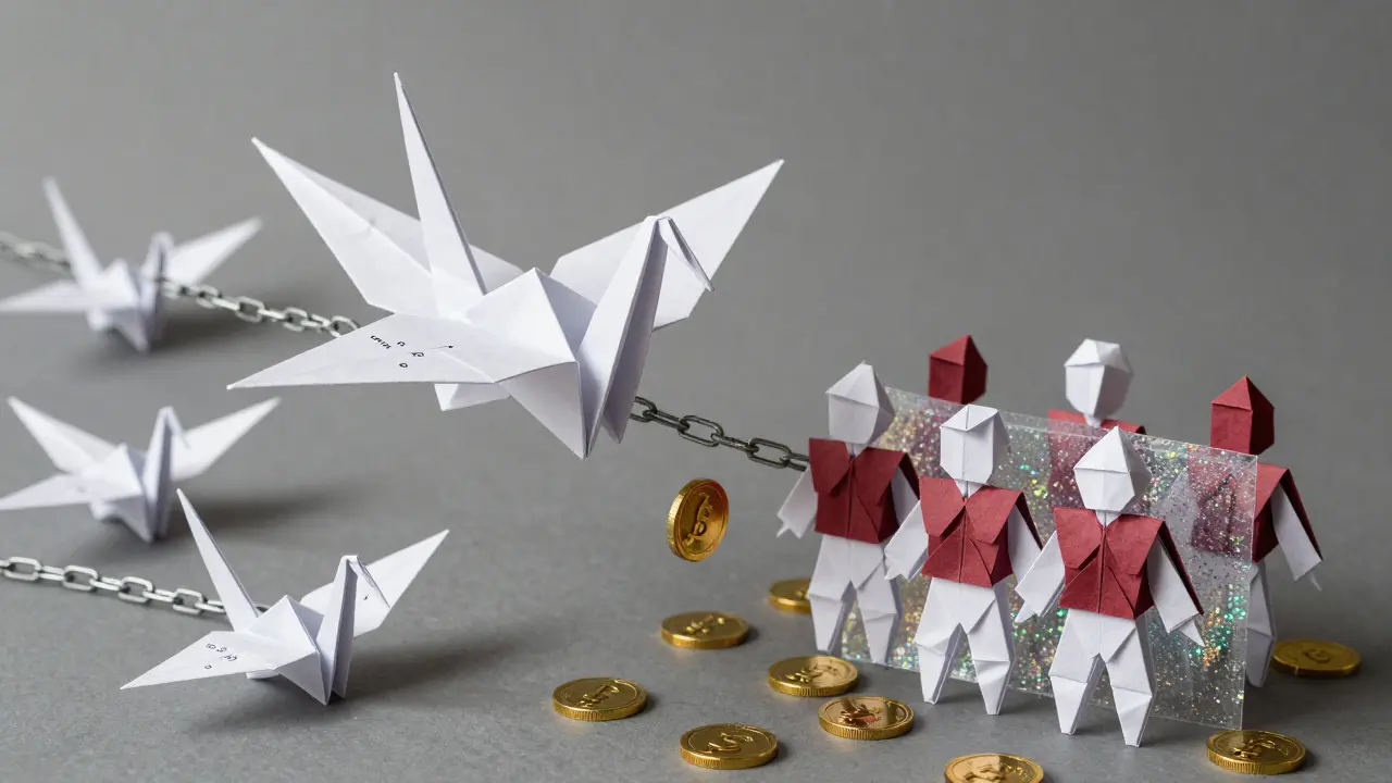 Paper crane representing a hacker blocked by validator armor, with compensation coins falling amid math errors.